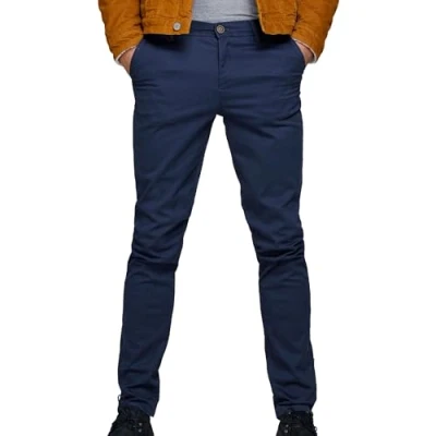 Bild av Herr JACK &amp; JONES Chino Byxor Stretch Konisk Passform Slim Fit Look JPSTMARCO JJBOWIE., Color:Navy, Pant Size:34W / 34L, Benlängd:L34