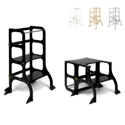Bild av Ette Tete STEP&#039;n&#039;SIT® Montessori Helper Tower Bord Konvertibel stegpall 2 i 1 med stödben (med mässingslås, svart färg)