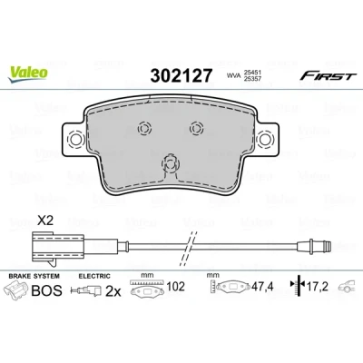Bild av VALEO 302127 Jeu de plaquettes frein FIRST Essieu arrière contact signal d&#039;usure inclus avec tôle anti bruit FIAT: Grande Punto 3/5 portes
