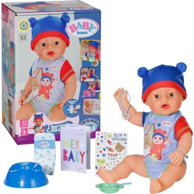 Bild av BABY born 836415 Jonas 43 cm, babydocka med 10 funktioner och tillbehör, för barn från 3 år, fungerar utan batteri, cm stor docka, tapp skapelse