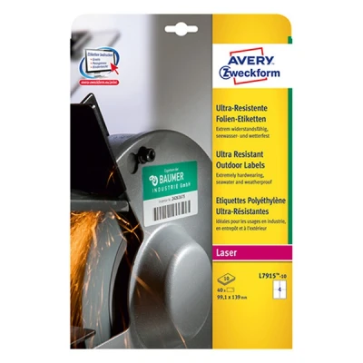 Bild av AVERY Zweckform L7915 10 slitstarka foliemtiketter (40 klistermärken, 99,1 x 139 mm på A4, extremt stark självhäftande, för svåra ytor, tryckbar självhäftande utomhus) ark, vit