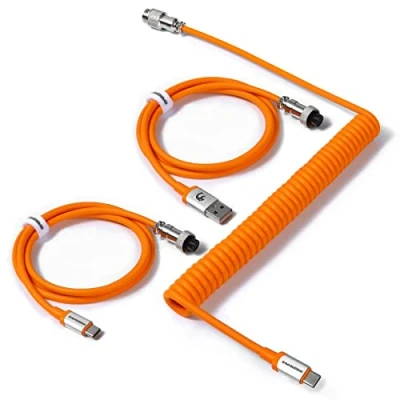 Bild av MAMBASNAKE C04 Spiral USB C Kabel för Mekaniska Tangentbord, Custom 2 i 1 Aviator A till Typ &amp; C, Dubbelhylsad Fjäder Laddningskabel med 5 Pin Kontakt Orange