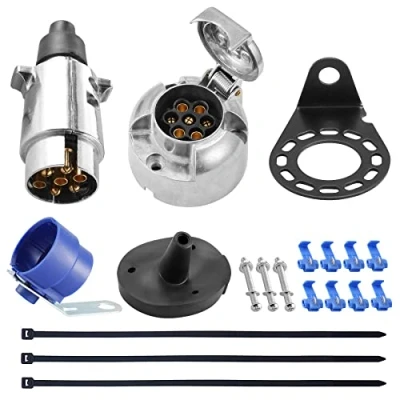 Bild av SPARKMOTO Metallkontakt släpvagn 7 stolpar och metalluttag stolpar, 12V Plug and Socket Aluminium, med monteringsfäste, packning sockel blå kit (Aluminium A)