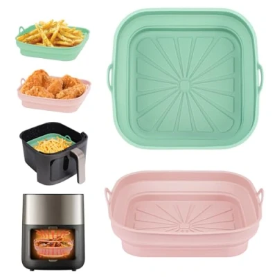 Bild av Alyvisun Silikonform för Luftfritös, 2 Stycken Silikongrytor Airfryer Återanvändbara Silikonfoder Luftfritöskorg Fyrkantig Vikbar Silikonbakform Mikrovågsugn och Ugn (Rosa+Grön)