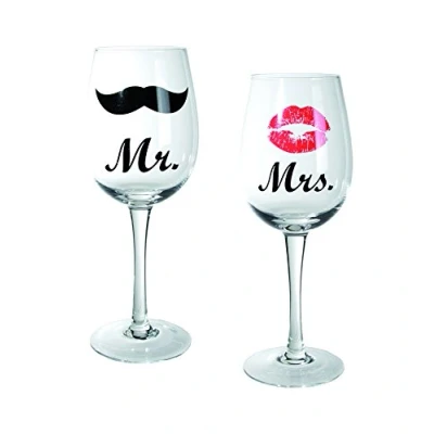 Bild av Out of the blue Vinglas med kyssmun och mustaschdekor Mr Mrs, ca 430 ml, höjd 22,5 cm Set om 2 i PVC låda , transparent