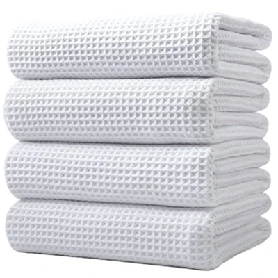 Bild av POLYTE Mikrofiber överdimensionerad snabbtorkande luddfri badhandduk, 152 x 76 cm, 4 pack (vit, våffelväv)