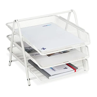 Bild av Relaxdays Dokumentfack metall, 3 fack, rutnätsdesign, kontor, för A4, brevfack, HBT: 26,5 x 29,5 35,5 cm, vit, 1 styck