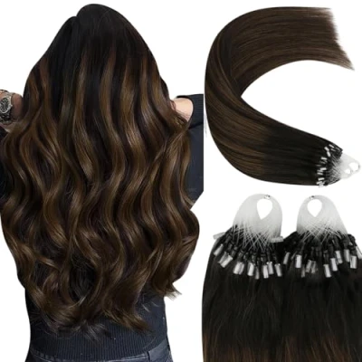 Bild av YoungSee Naturlig hårförlängning, kall balayage mörkbruna slingor med mellanbrun naturliga ringar, 18 tum/45 cm, mikroring hårförlängning #2/2/6