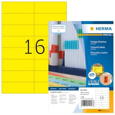 Bild av HERMA 4256 färgade etiketter A4 (105 x 37 mm, 100 ark, papper, matt) självhäftande, utskrivbara, permanenta färgetiketter, 1 600 klistermärken, gul
