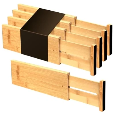Bild av Utoplike Bambu byrålådavdelare, 10cm Höga justerbara lådarrangörer för kläder, fjäderbelastade, fungerar i kök, badrum, sovrum, låda, skrivbord, 4 st