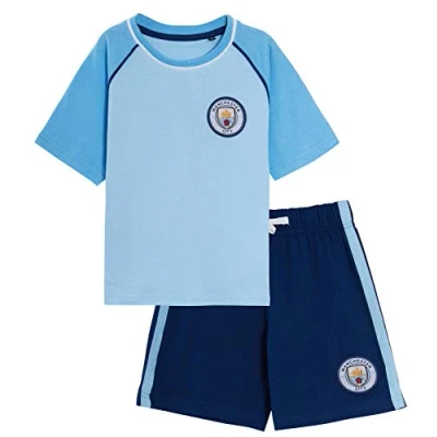 Bild av Manchester City FC kort pyjamas pojkar premiership fotbollsklubb kit shortie shorts + t shirt set, BLÅ, 9 10 År