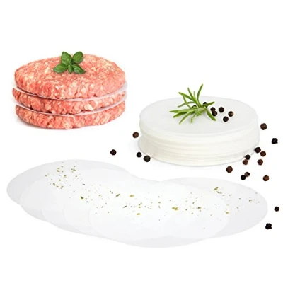Bild av Gourmeo hamburgarskivor, 500 delar, rund, 11 cm, non stick pergamentpapper för hamburgarpress och häfttillverkare vaxark hamburgare, hamburgarpatment, köttbollar