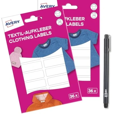 Bild av AVERY Zweckform ETVET36XPEN Set namndekal vattentät för kläder 72 stycken (13 x 45 mm, vinylfilm, självhäftande textiletiketter, skrivbara textilklistermärken tvättmaskin, torktumlare) vit
