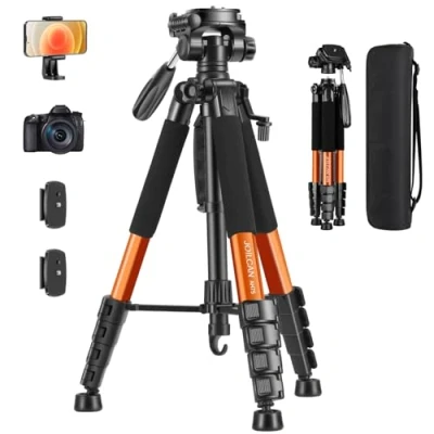 Bild av JOILCAN kamerastativ för Canon Nikon, 74 tum lätt DSLR stativ, med avtagbart huvud och universellt telefonfäste, förstärkt aluminium högt stativ Vlog Live Streaming (orange)