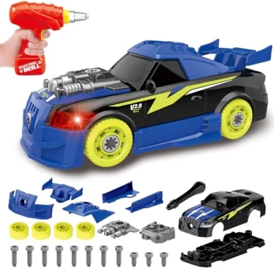 Bild av Pup Go Ta Isär Racingbil för Barn 3+ År, 26 Stycken Leksaksuppsättning med Simuleringsborr, Realistiskt Ljud och LED belysning, Lätt att Montera Din Egen Sportbil, de Bästa Gåvorna Pojkar (Blå)