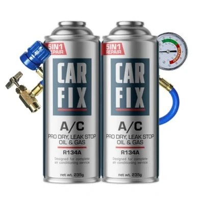 Bild av CARFIX köldmedium r134a, luftkonditioneringsgas r134a bil, luftkonditioneringstätning 2 burkar 5in1 och slang med tryckmätare, 235g