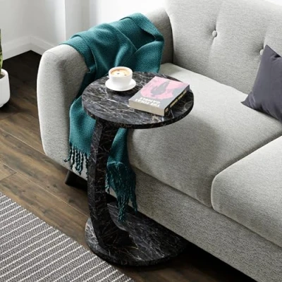 Bild av [en.casa] Sidobord Holeby i C form, mobilt soffbord, vardagsrumsbord, 56 x Ø 38 cm, marmor/svart