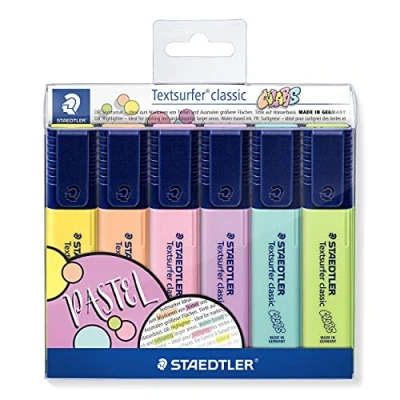 Bild av STAEDTLER Pastell Textmarker Textsurfer classic, mit großem Tintenspeicher für extra lange Markierleistung, Keilspitze ca. 1 5 mm, hohe Qualität, Etui 6 Farben, 364 CWP6