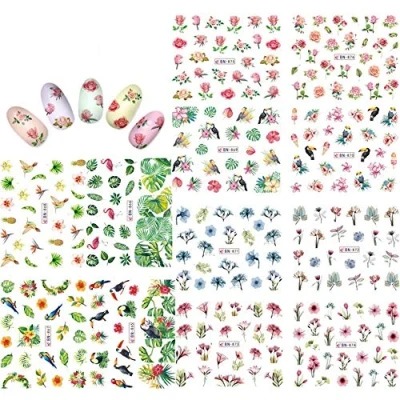 Bild av KADS Nagelkonst klistermärken heltäckande design blommor löv flamingos nagelklistermärke tatuering sommar nageldekaler