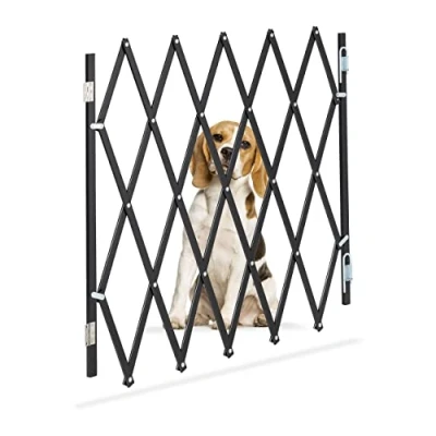 Bild av Relaxdays Hundspärrgaller, utdragbar upp till 118 cm, 6982,5 cm hög, bambu, hundskyddsgaller, trappa och dörr, svart, L
