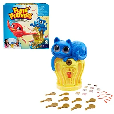 Bild av Mattel Games Flyin fjädrar barnspel med leksak katt och fågel i fågelbur, 2 till 4 spelare, barnpresent åldrarna 5 år äldre