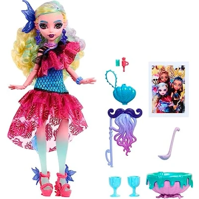 Bild av Monster High Muñeca Ball, azul lagoona en vestido de fiesta con accesorios temáticos, incluyendo globos y ponche
