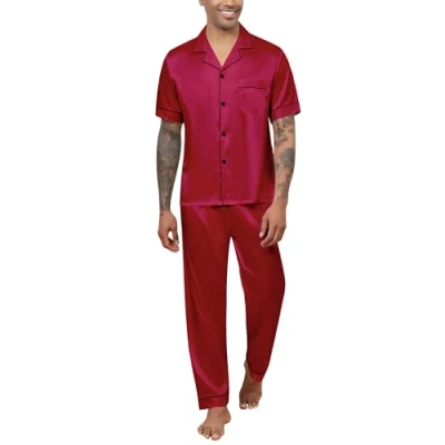 Bild av Reliwel herrpyjamas silke herr satin kort ärm med knappar sommar pyjamas tvådelad klassisk, Svart, S