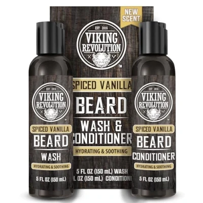 Bild av Viking Revolution skäggschampo &amp; balsam set mjukar upp, jämnar ut och stärker skäggtillväxten för män kryddig vanilj presenter 2 x 150 ml