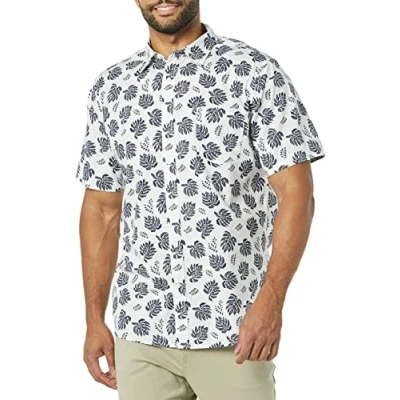Bild av Amazon Essentials mäns Slim Fit kortärmad poplin skjorta, vit marinblå palmträd, medium