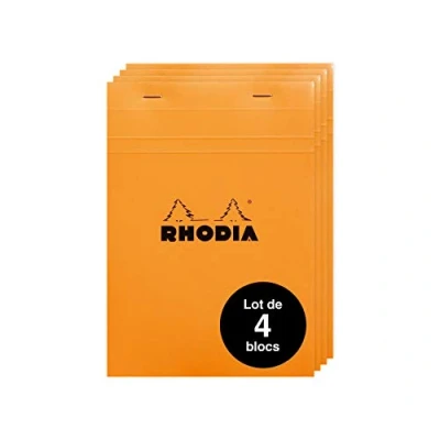 Bild av Rhodia 16200AMZC Set med 4 anteckningsblock nr 16, häftad på huvudsidan, DIN A5 (14,8 x 21 cm), 80 ark mikroperforerade, rutigt, Clairefontaine papper vitt g, omslag orange, stycken