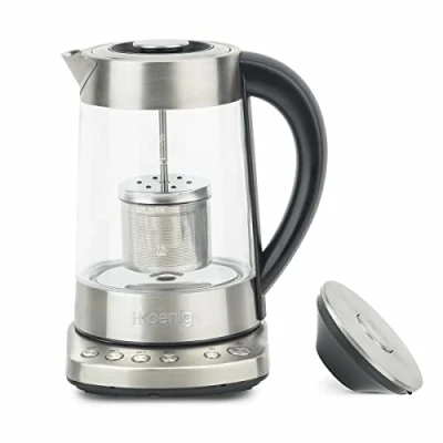 Bild av H.Koenig TI700 tekanna Instant T elektrisk glas vattenkokare 1,7 l med infusor rostfritt stål tefilter 2 400 W kompakt, tryckkokare, justerbar termostat 70 till 100 C, håller varmt, lock