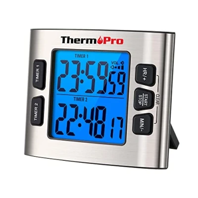 Bild av ThermoPro TM02 Digital kökstimer med dubbla nedräkningsstoppklockor timer/magnetisk timerklocka justerbart högt larm och bakgrundsbelysning LCD stora siffror/24 timmar för barnlärare