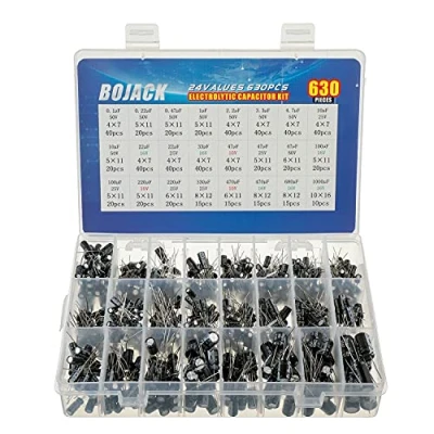 Bild av BOJACK 24 värde 630 stycken elektrolytisk kondensator i aluminium, sortimentsats, inklusive modellnummer 0.1uF 1000uF
