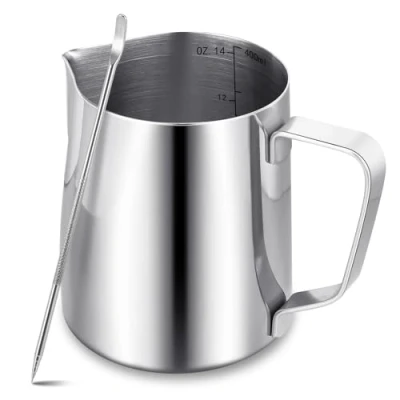 Bild av Mjölkskummare kanna, 400 ml/14 oz mjölkkanna med latte dekorativ konstpenna, metall baristamjölk skummande kanna kopp för kaffemaskin. Silver
