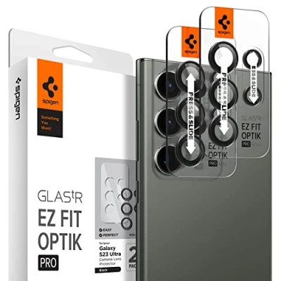 Bild av Spigen Glas.tR EZ Fit Optik Pro Kamera Skärmskydd kompatibel med Samsung Galaxy S23 Ultra, 2 Stycken, Svart, Individuellt kameraskydd, Inget fel på blixtfunktionen, 9H härdat Glas