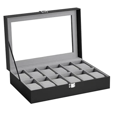 Bild av SONGMICS JWB12BK klockbox med 12 fack glaslock avtagbar klockkudde premium PU skydd svart sammetsfoder grön grå
