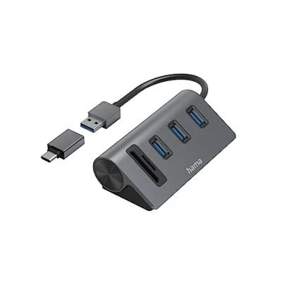 Bild av Hama USB hub och kortläsare 5 portar (3 x A, 1 SD, microSD, med C adapter, upp till Gbit/s, anslutning för mus, tangentbord, minneskort etc., adapter kontor, hemmakontor)