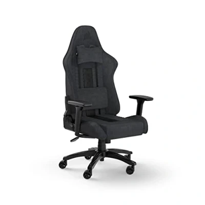 Bild av Corsair TC100 Relaxed Gamingstol tyg design inspirerad av racingsport ländryggskudde avtagbar nackkudde minnesskum justerbara armstöd grå och svart