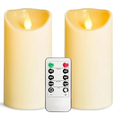 Bild av YIWER Flamlösa LED ljus, utomhus inomhus batteridrivna flimrande ljus med fjärrtimer, kommer inte att smälta, elfenbensfärgat plastljus D 3,15 x H 6 för fest jul alla hjärtans dag (2 st