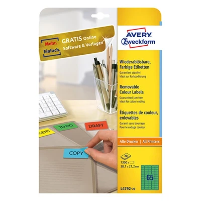 Bild av Avery Zweckform etiketter 38,1 x 21,2 mm avtagbar bläckstråle/laser/kopiator grön
