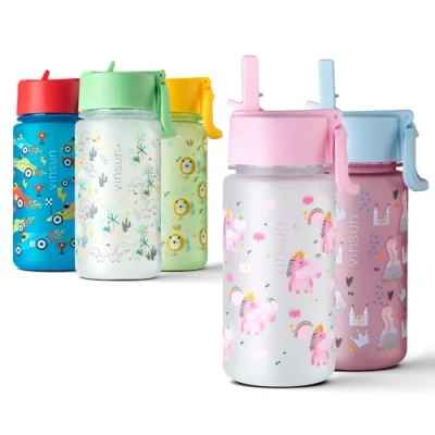 Bild av VINSUN vattenflaska för barn 500 ml enhörning sugrör lock, läckagesäker, BPA fri, lämplig kolsyra, tritan rosa dagis, grundskola