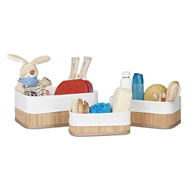 Bild av Relaxdays Förvaringskorg set om 3, tygskydd, bambu, rektangulär, badrum, tillbehör, leksaker, universalkorg, natur, 20 x 30 13 cm