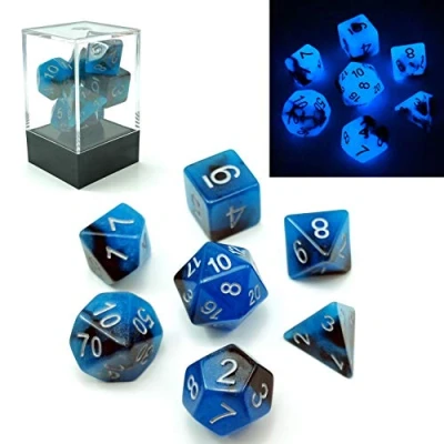 Bild av Bescon DICE Tvåfärgad glow in the dark polyhedral tärningsset blå gryning, lysande RPG d4 d6 d8 d10 d12 d20 d% i tegellåda (blå gryning)