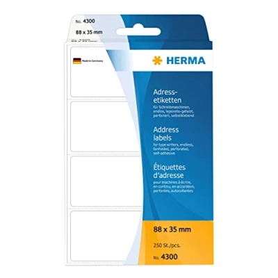 Bild av HERMA 4300 adressetiketter för skrivmaskiner, ändlösa (88 x 35 mm, papper, matt, leporello vikt) självhäftande, permanenta universella etiketter, 250 klistermärken, vit