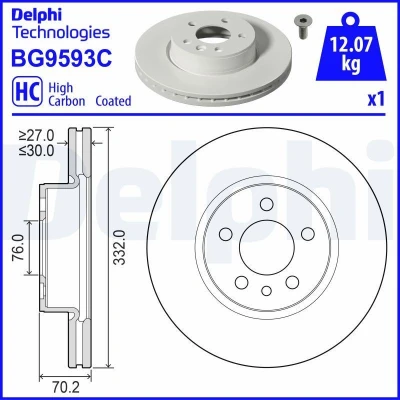 Bild av DELPHI Disque de frein 332mm 30mm 5 ventilé revêtu à haute teneur en carbone BG9593C 2N0615301C,2N0615301E Disques frein,