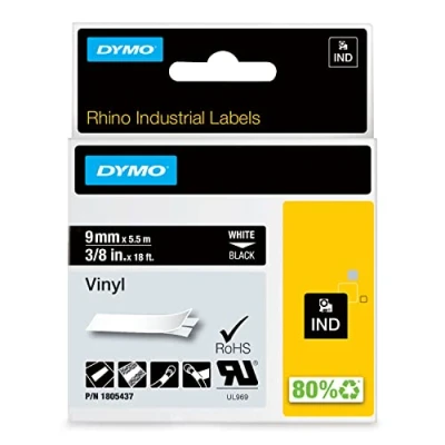 Bild av DYMO Rhino industriella vinyletiketter 9 mm x 5,5 m Vitt tryck på svart självhäftande för LabelManager och noshörningsetiketter