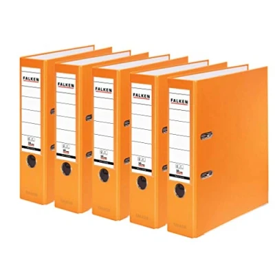 Bild av Original Falken 5 Pack PP Color Plastmappar. Made in Germany. 8 cm bred DIN A4 orange vegansk. Perfekt för kontoret och hemmet. brevmapp kontorsmapp plastmapp slitsad mapp ringpärm
