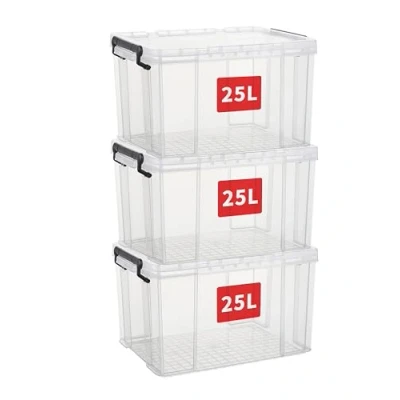 Bild av Cetomo 25 L x 3 förvaringslådor, stapelbar förvaringslåda med lock, kraftig behållare lock förstärkta hörn, vertikala sidor och klämstängning, hållbar, plast, klar, pack