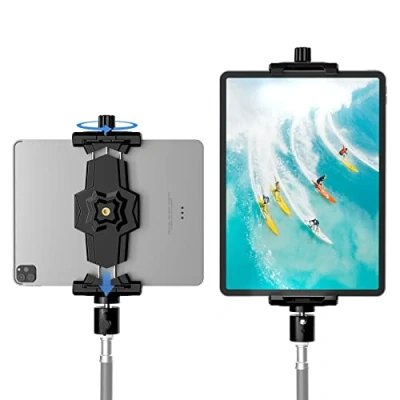 Bild av Adapter för stativfäste iPad och telefon med kulhuvud, hållare stativ, 360 roterbart klämfäste Pro 12.9, Air Mini 3 4, Galaxy Tab, Surface Pro, Selfie Stick (5,3 10,6&quot;)