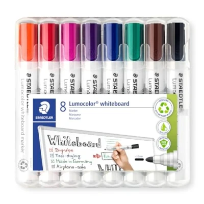 Bild av STAEDTLER Lumocolor Whiteboard Marker (Rundspitze ca. 2 mm Linienbreite, Set mit 8 Farben, hohe Qualität, trocken und rückstandsfrei abwischbar von Whiteboards), 351 WP8
